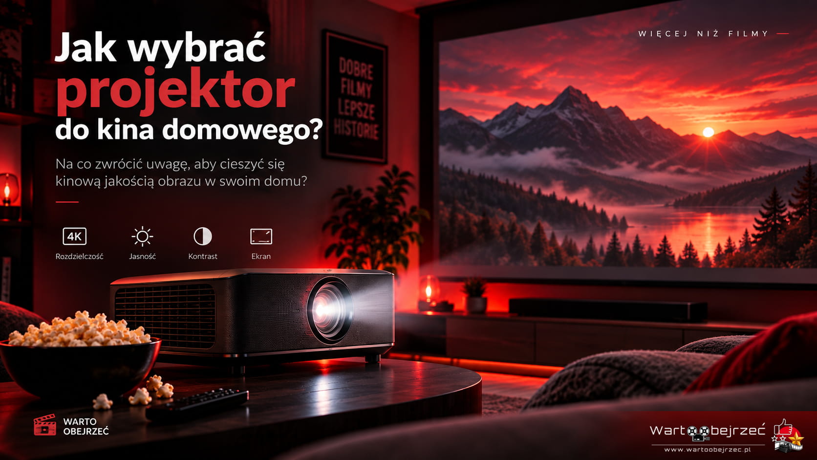 Projektor do kina domowego wyświetlający film na dużym ekranie